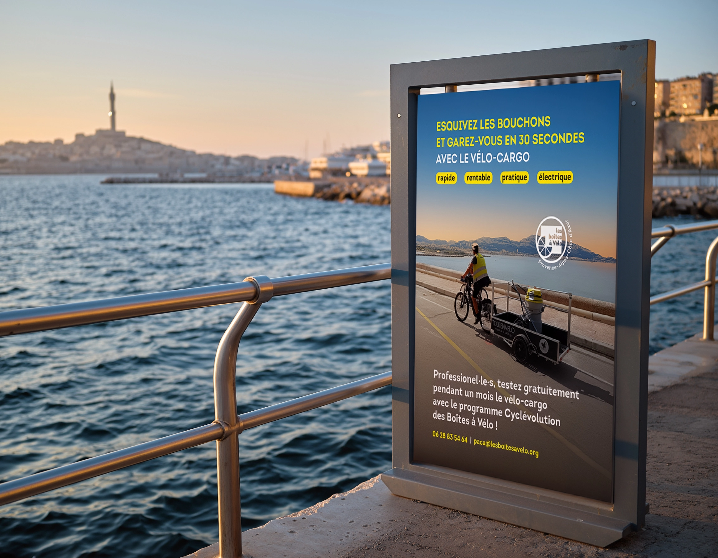 Affiche A3 Boîtes à Vélo sur panneau au bord de mer, corniche de Marseille — studio yh