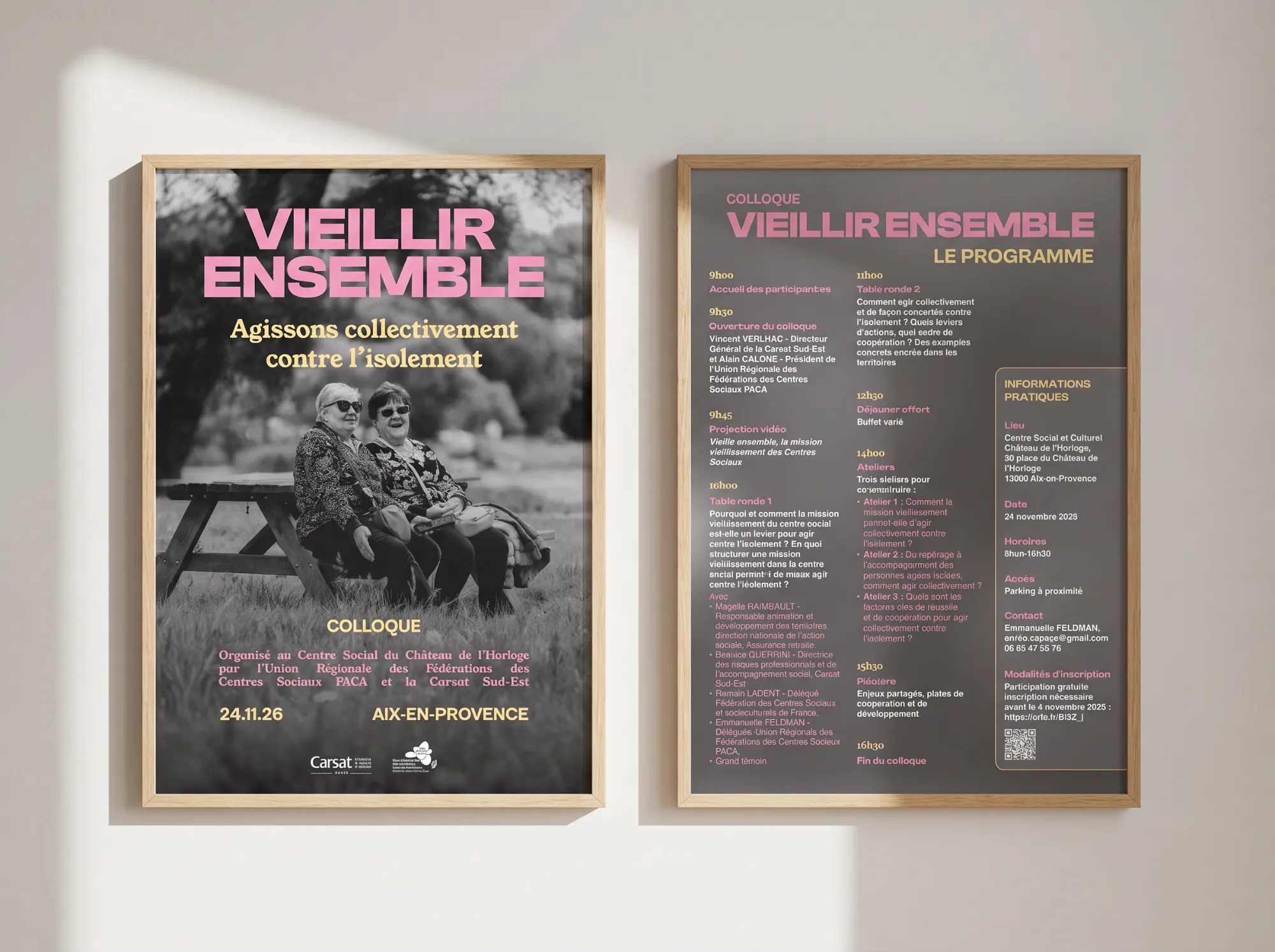 Affiche recto verso du colloque Vieillir Ensemble encadrée, programme au verso — studio yh, graphiste Marseille