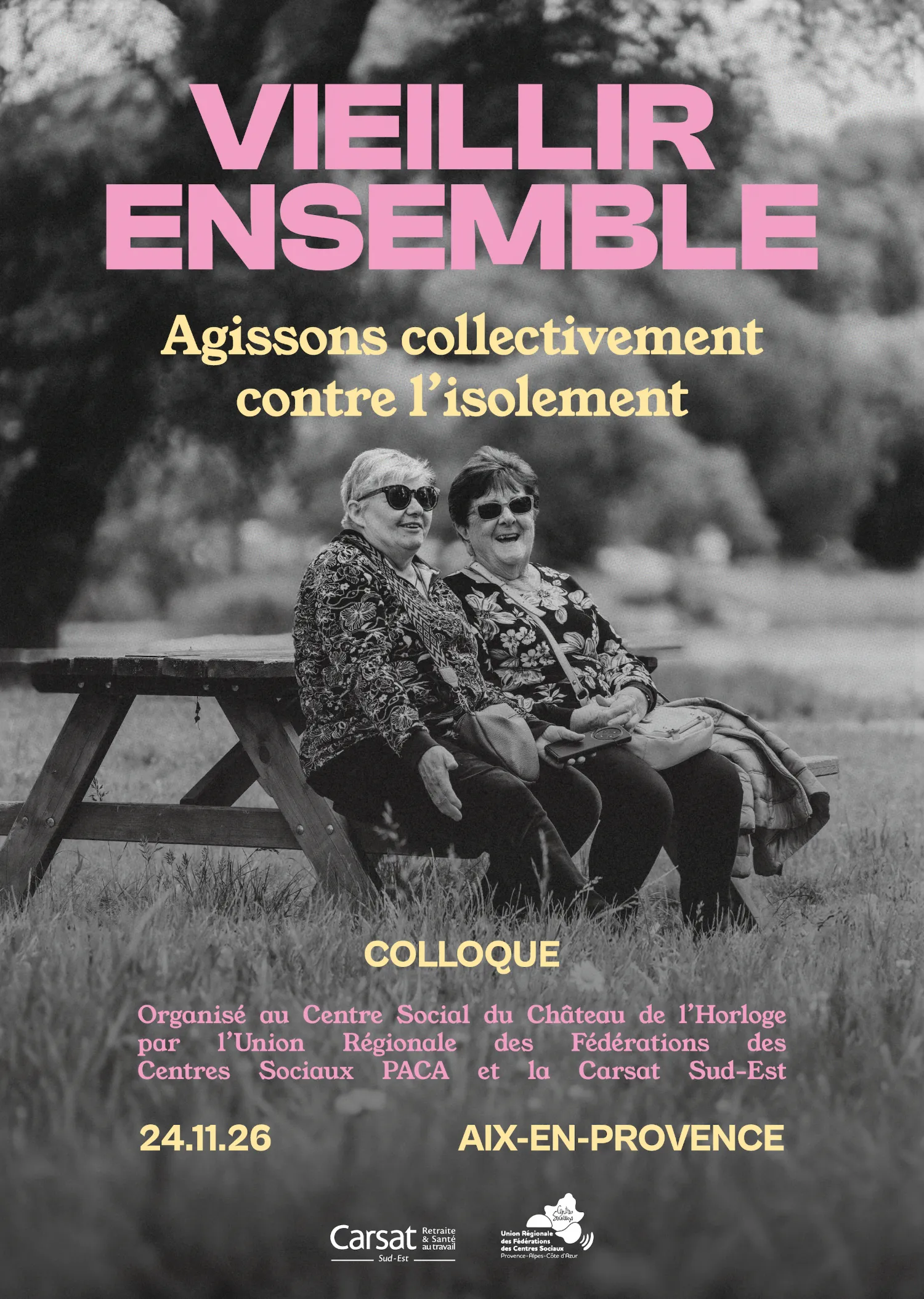 Affiche du colloque Vieillir Ensemble, Union Régionale des Centres Sociaux PACA — studio yh, graphiste Marseille