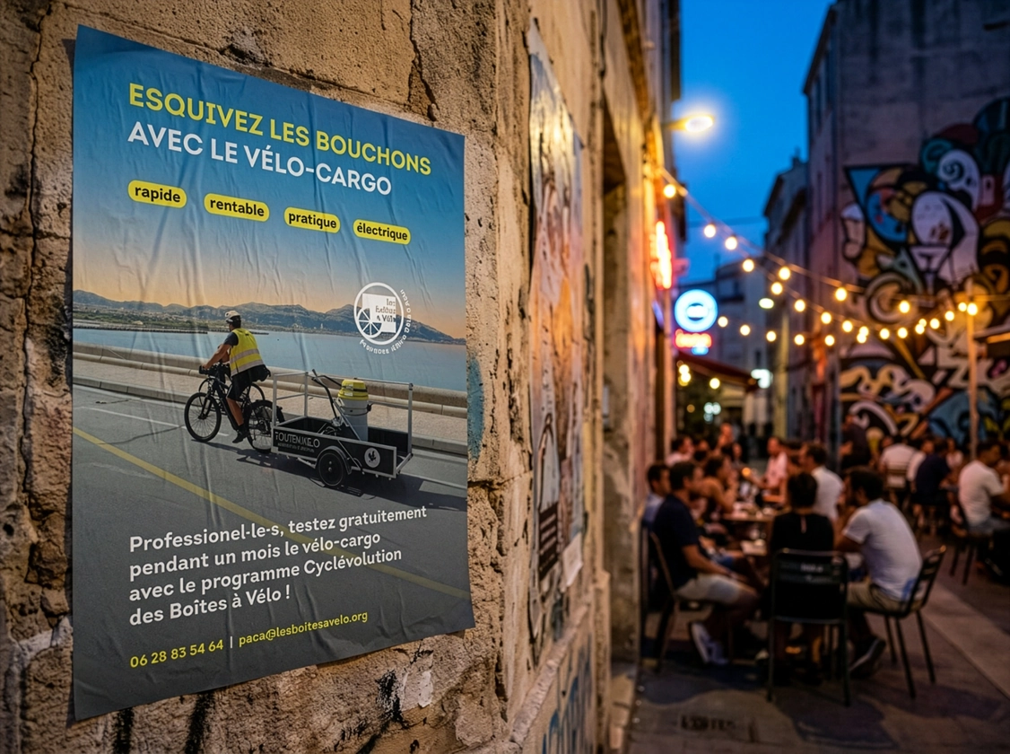 Affiche Cyclévolution Boîtes à Vélo collée dans une rue de Marseille — graphiste freelance