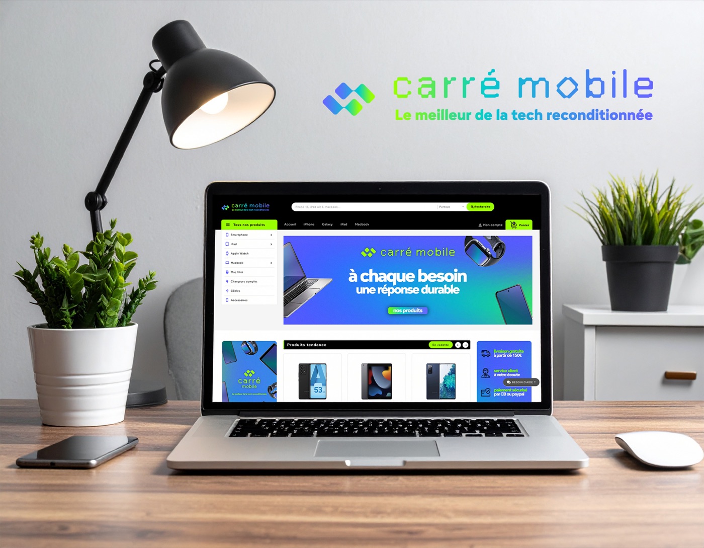 Site e-commerce Carré Mobile, mockup sur MacBook posé sur un bureau
