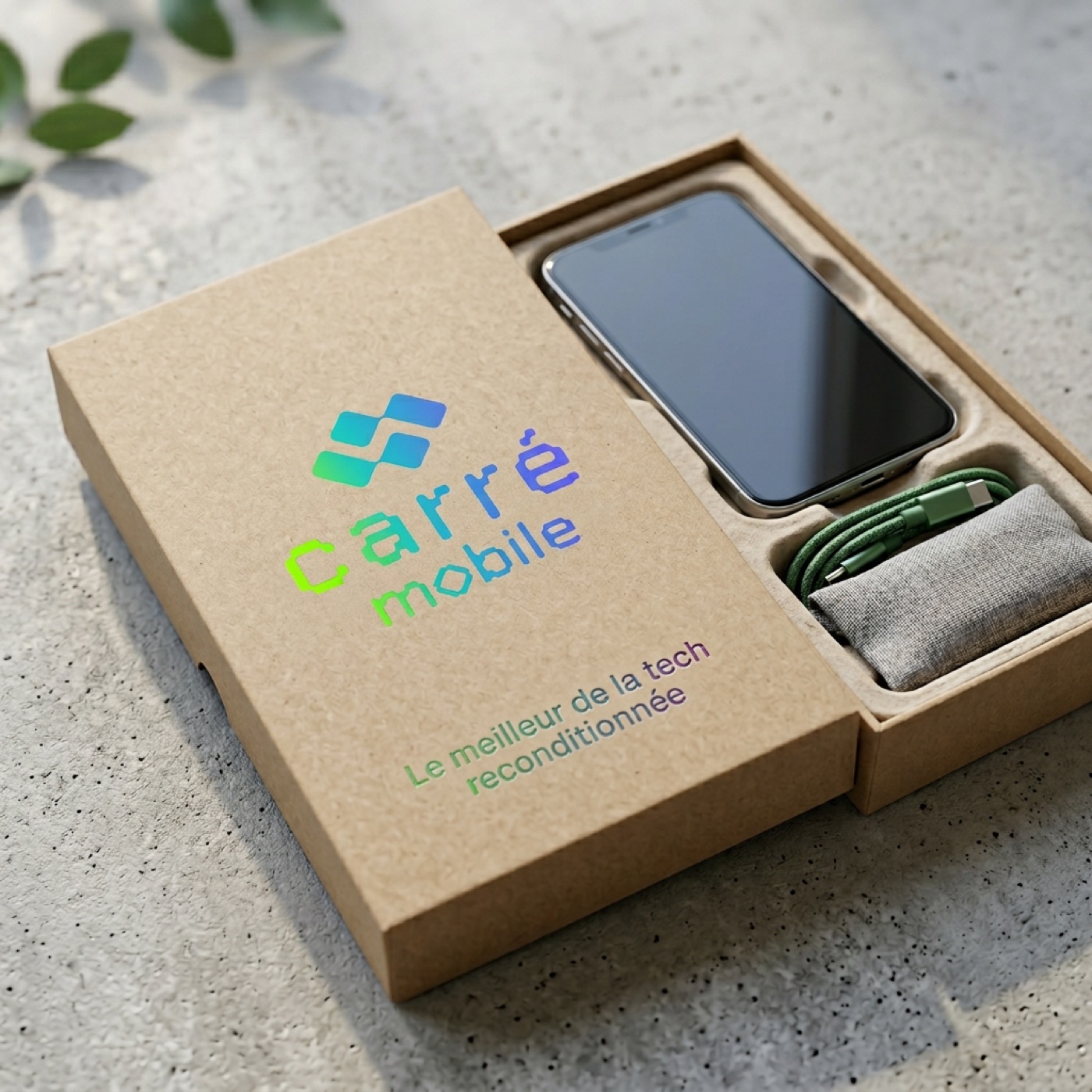 Packaging kraft Carré Mobile : boîte éco-responsable avec smartphone reconditionné et câble