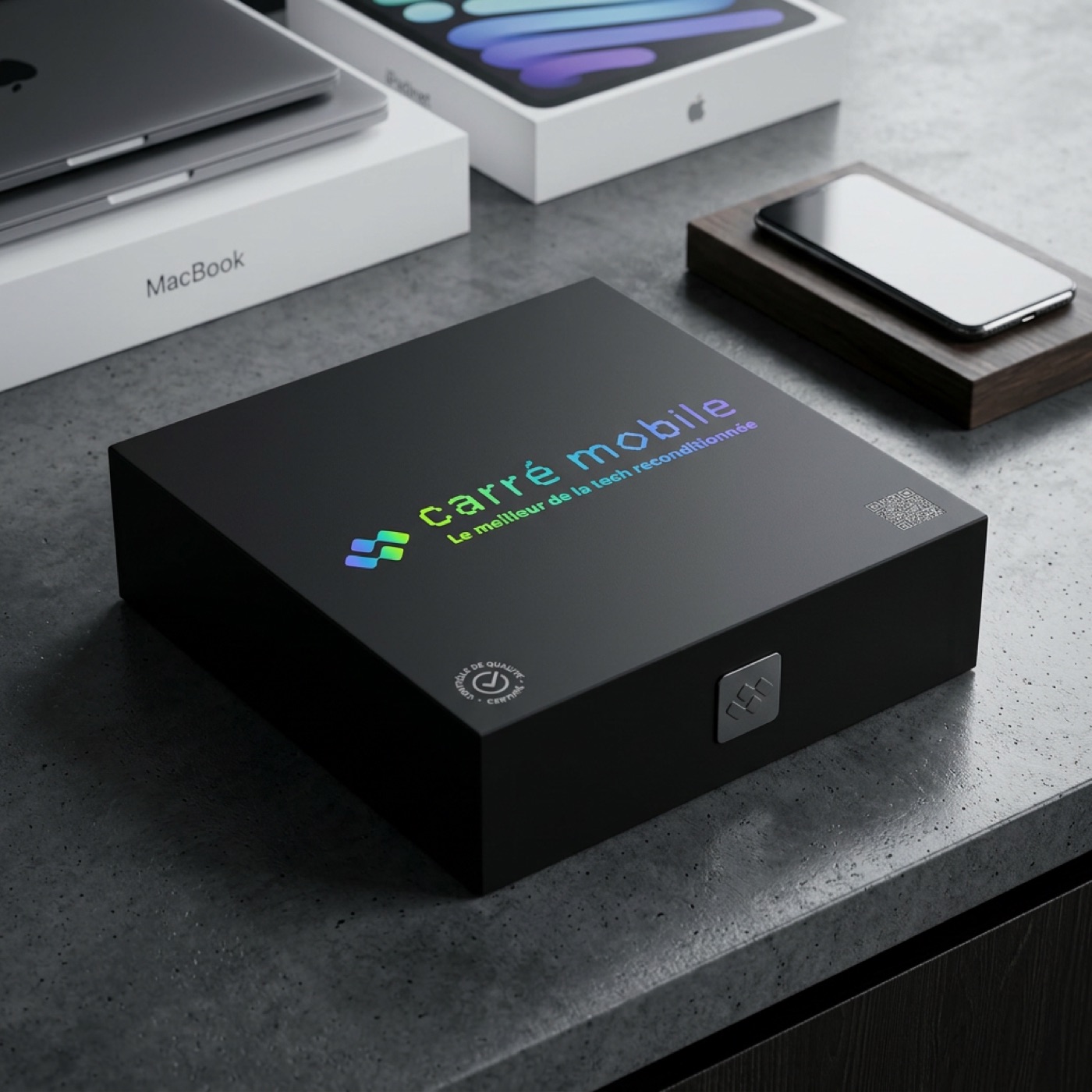 Coffret premium Carré Mobile, boîte noire au logo holographique posée sur un plan de travail