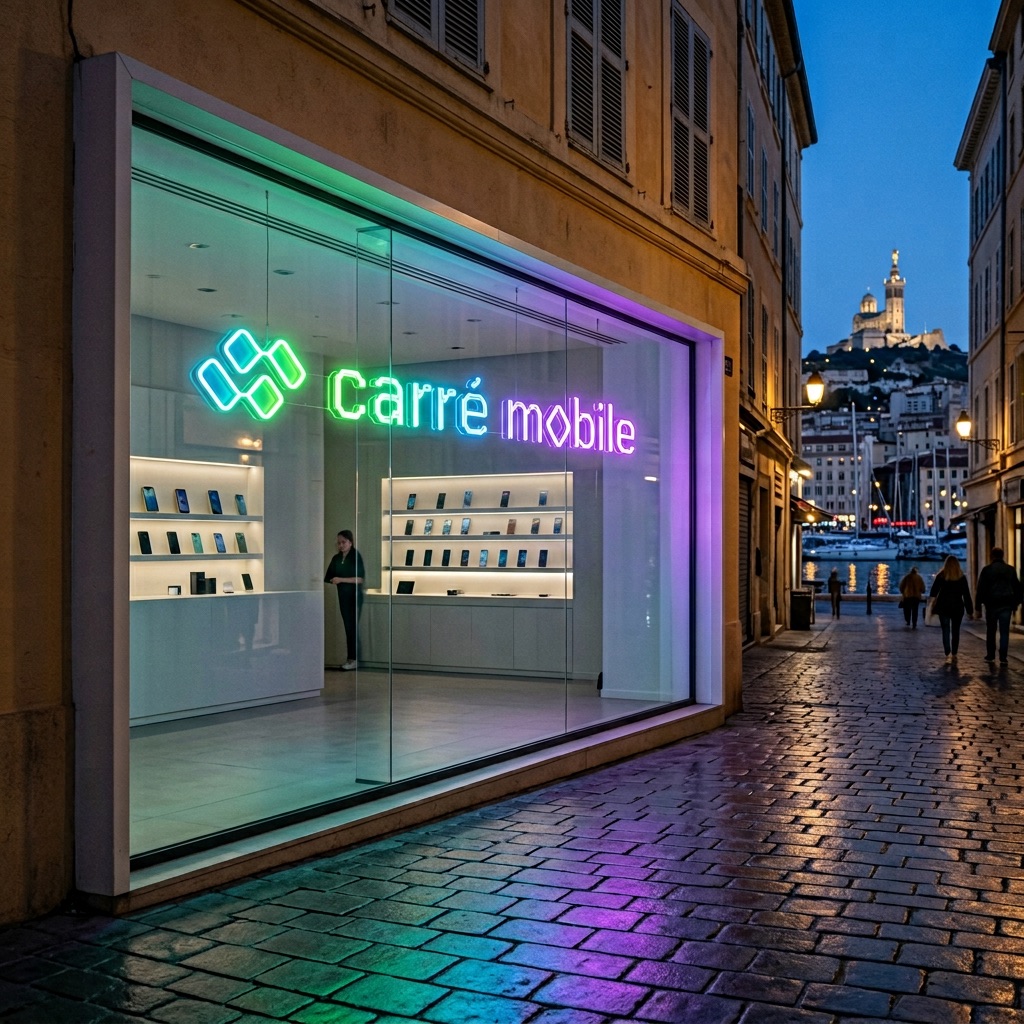 Vitrine Carré Mobile, néons du logo à Marseille