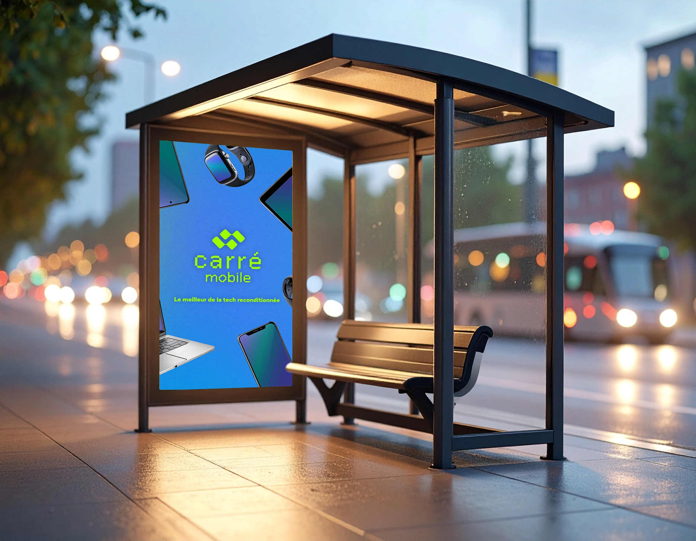 Panneau abribus Carré Mobile — campagne communication visuelle par studio yh Marseille
