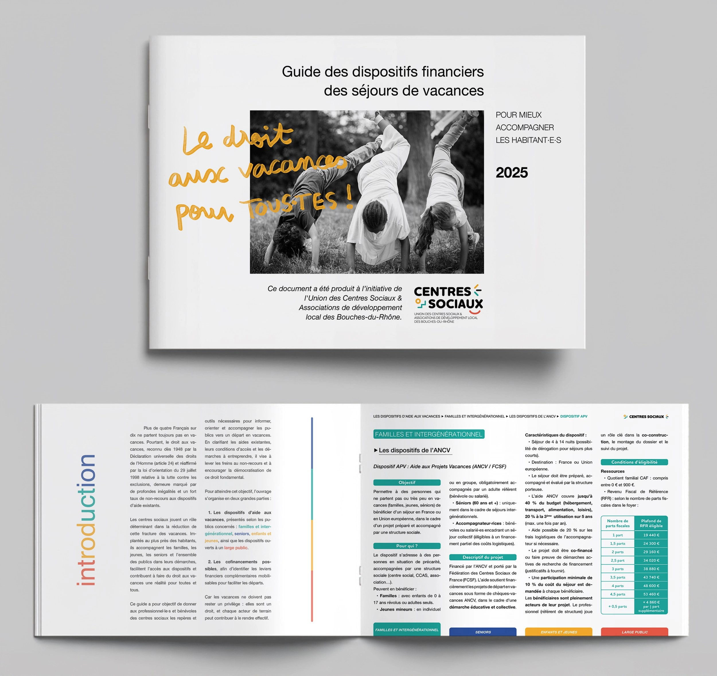 Guide des dispositifs financiers des séjours de vacances — Union des Centres Sociaux Bouches-du-Rhône, design éditorial studio yh