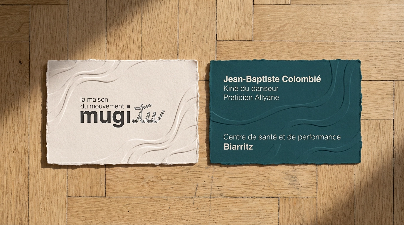 Cartes de visite Mugitu sur bois — identité visuelle par studio yh, graphiste à Marseille