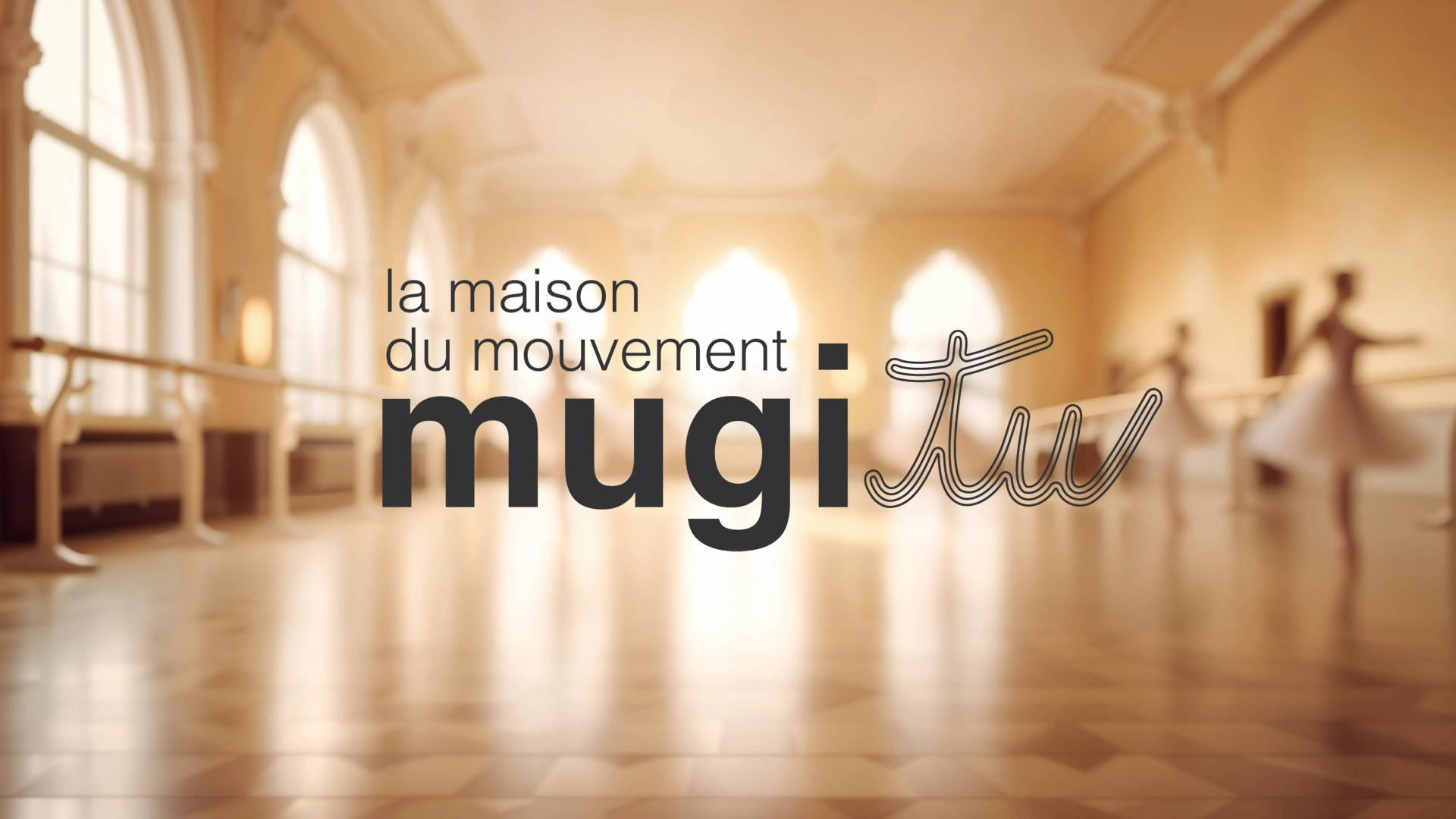 Logo Mugitu sur fond de studio de danse — univers du mouvement, studio yh